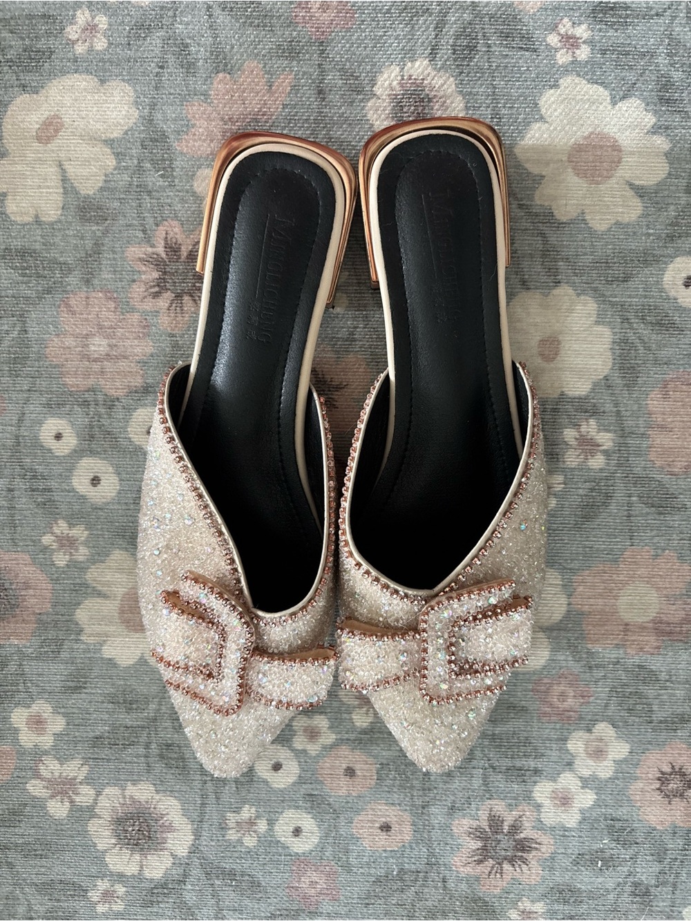 Sparkle Bow Pointed Toe Mules in Rose Gold